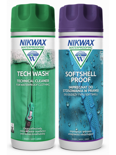 Zestaw do pielęgnacji odzieży outdoor Nikwax Tech Wash i SoftShell Proof 2 x 300 ml