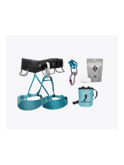 Zestaw uprząż Momentum Woman + karabinek + kubek + woreczek z magnezją black diamond